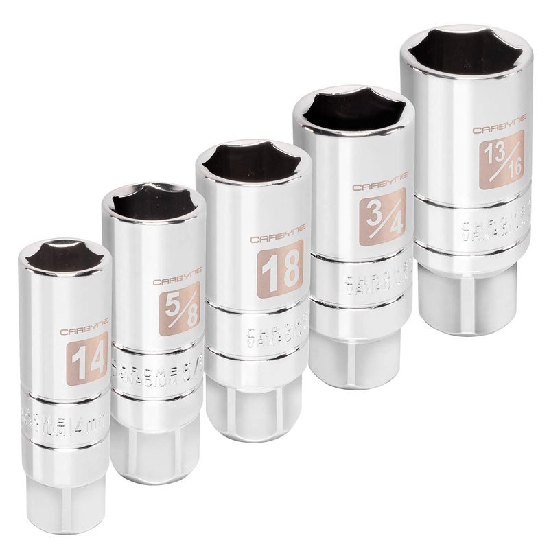 CARBYNE 5-Piece Spark Plug Socket Set - Includes 5/8", 3/4", 13/16", 14mm, 18mm sizes. High Visibility 3/8-Inch Drive SAE & Metric Spark Plug Socket Set - Heat Treated CR-V Steel, Mirror Polish - Image 4